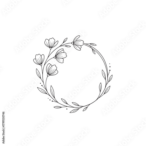 A black and white drawing of a flowery wreath. The wreath is made up of leaves and flowers, and it is surrounded by a circle. The drawing has a simple and elegant feel to it