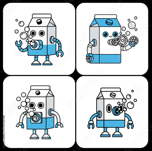 Four funny milk carton robots with blue liquid inside,  Cute mechanical drink box characters with hoses and bubbles,  Playful robot mascots shaped like milk containers