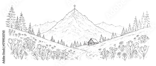 A mountain range with a cross on top. The mountains are covered in trees and the sky is clear