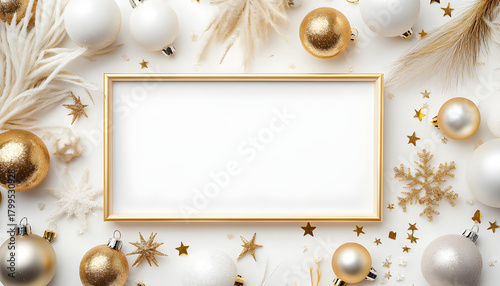 photo frame for christmas white and gold color balls top view