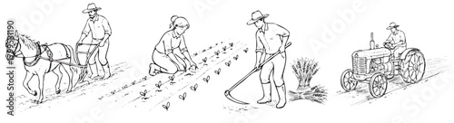 Four men working in a field. One man is pulling a plow with a horse, while the other three men are working on the ground. Scene is one of hard work and dedication to the land