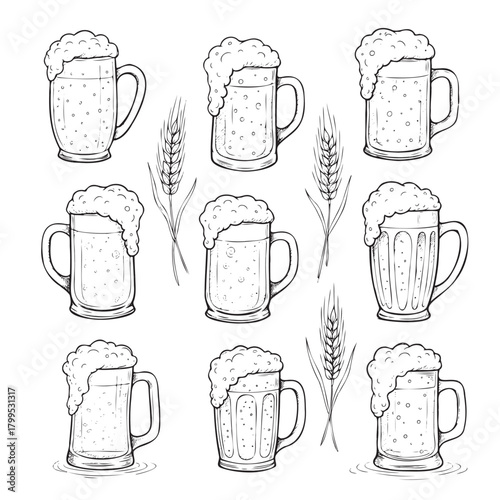 A black and white drawing of a row of beer mugs with a stalk of wheat in the background