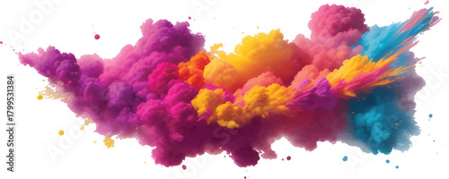 Modern Abstract Color Burst with Pink Blue and Yellow Multicolor Powder Smoke Clouds Blending in Air Over White Background Designed for Creative Digital Artwork Festival Concepts Posters