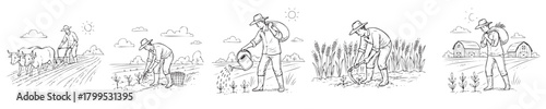 A series of black and white drawings of people working in a field. The drawings are of a man with a hat and a woman with a basket