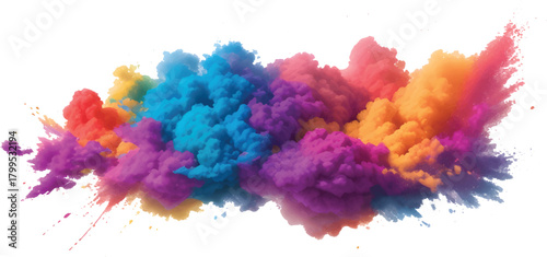 Ultra-Bright Festival Color Explosion with Pink Blue and Yellow Powder Clouds Creating a Stunning Smoke Formation in Air Over Clean White Background Perfect for Posters Branding Abstract Art 