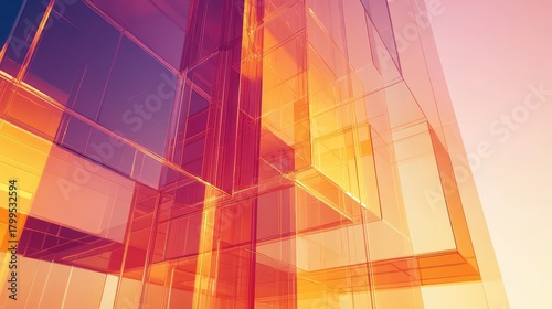 Modern glass architecture building glowing during sunset