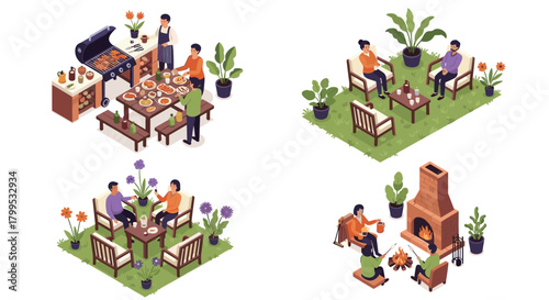 Family and friends gather outdoors for summer fun, enjoying a barbecue, relaxing, and roasting marshmallows around a cozy fire pit