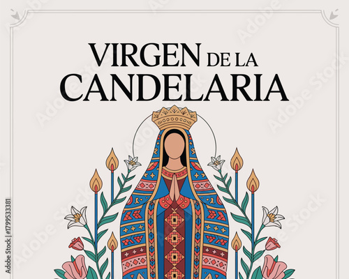 Virgen de la Candelaria with Traditional Candles and Floral Design