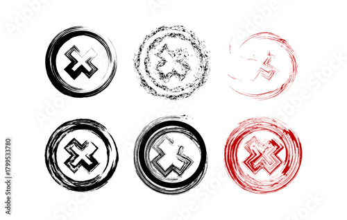 Collection of distressed X mark icons in circular stamp style. Each symbol has a unique grunge texture, Perfect for designers looking for rough, hand made stamp effects.
