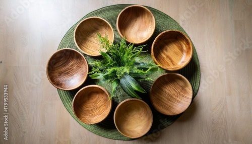wooden bowls circle table centerpiece with green plants top view