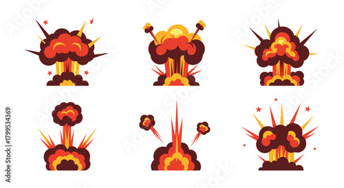Cartoon explosions with blazing red, yellow, and brown smoke clouds for explosive, dynamic designs and gaming effects, bringing energy to your projects