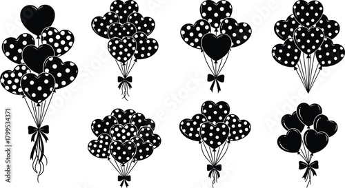 Black heart shaped balloons with white polka dots and bows vector