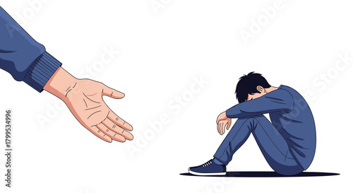 A supportive hand offering empathy to a sad person sitting alone, showcasing compassion and mental health awareness beautifully