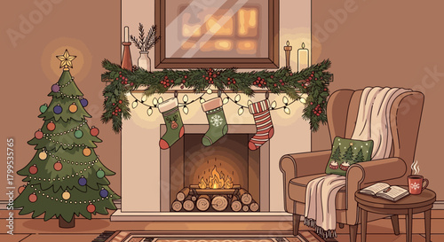 A beautifully decorated living room with a glowing Christmas tree, cozy fireplace, and festive stockings creates a warm holiday ambiance.