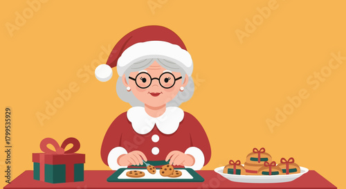 A heartwarming illustration of an elderly woman, dressed as Mrs. Claus, happily baking festive gingerbread cookies for the holiday season.