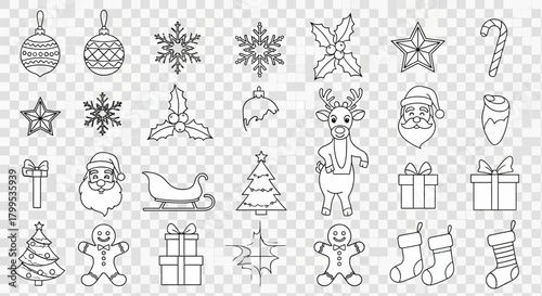 A comprehensive collection of outline Christmas icons and festive holiday elements, perfect for seasonal designs and winter celebrations.