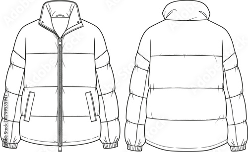 Puffer jacket flat sketch front and back view, detailed winter coat CAD drawing, technical outerwear vector, fashion design illustration template
