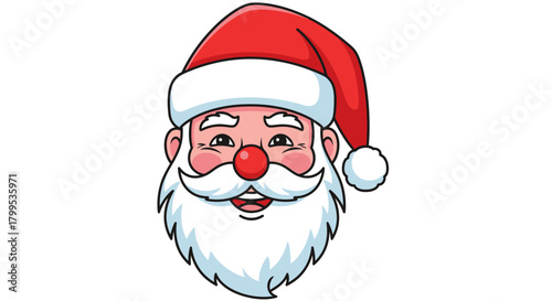 A cheerful cartoon depiction of Santa Claus, featuring his iconic red hat, white beard, and rosy cheeks, perfect for holiday designs.