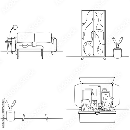 “Produce a modern minimalist composition showing four separate furniture scenes: sofa, side table with rice cooker and cup, abstract-patterned cabinet, and an open box containing decor and stationery.
