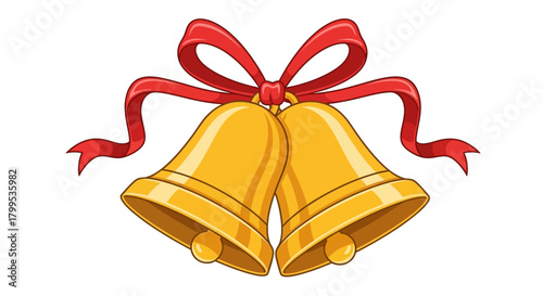A vibrant illustration features two gleaming golden bells adorned with a festive red ribbon, symbolizing joyous celebrations and holiday cheer.