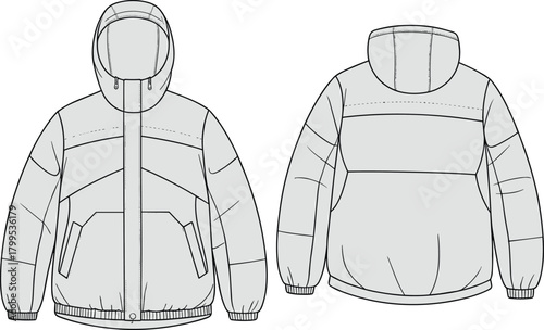 Puffer jacket technical flat sketch, front and back view, hooded winter outerwear vector template, fashion CAD drawing for clothing design illustration