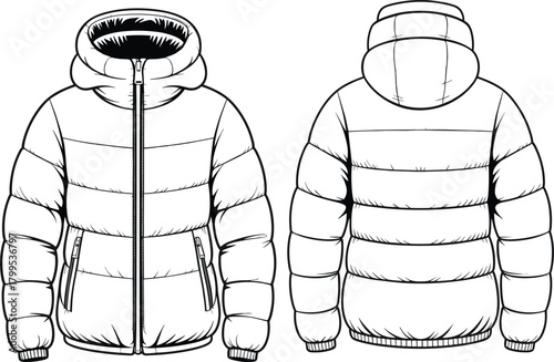 Winter padded jacket technical flat sketch, hooded puffer coat front and back view, fashion design outline, cad drawing vector illustration