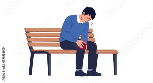 Man experiencing knee pain while sitting alone on a park bench needing relief and treatment for injury or arthritis and healthcare solutions