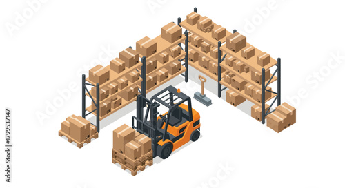 Efficient forklift loading boxes onto shelves in a warehouse, perfect for logistics, supply chain, and distribution business visuals
