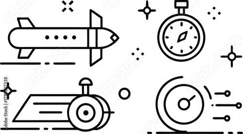 Speed and time icons: rocket, stopwatch, train, dashboard