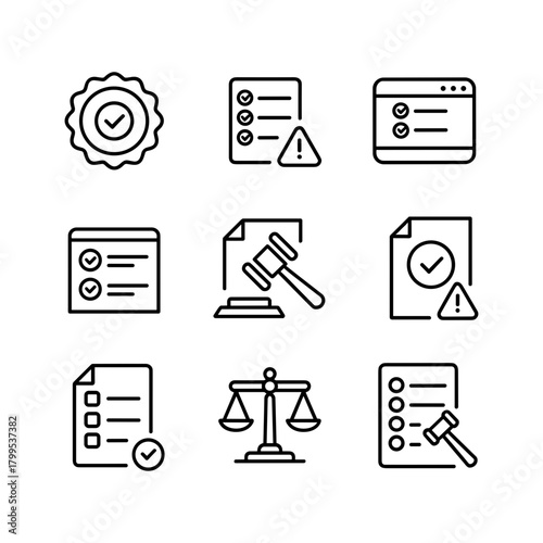 Law & Compliance Icons Set Legal Checklist Audit Policy and Justice Line Icons Vector