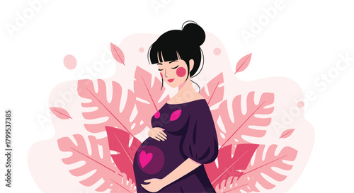Elegant pregnant woman lovingly cradling her baby bump surrounded by pink floral accents conveys the beauty and joy of motherhood