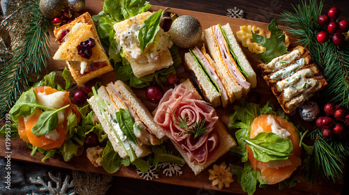 Assorted sandwiches and appetizers on a wooden board with christmas decorations around it