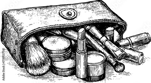 Makeup purse filled with various cosmetics. Vintage vector illustration of beauty tools set.