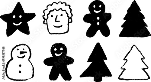 Black and white hand-drawn icons of festive characters: star, tree, snowman, person, and gingerbread. Simple vector illustration set.