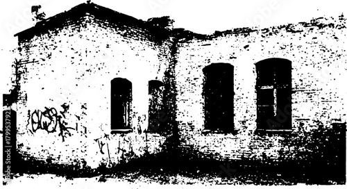 Engravings of an antique building silhouette. Hand-drawn black outline set, showcasing vintage texture along with graffiti elements in a vector illustration.