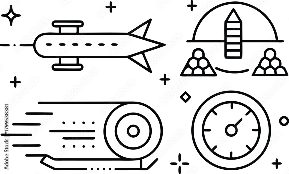 Obraz premium Space rocket launch, time, and progress icons on white background