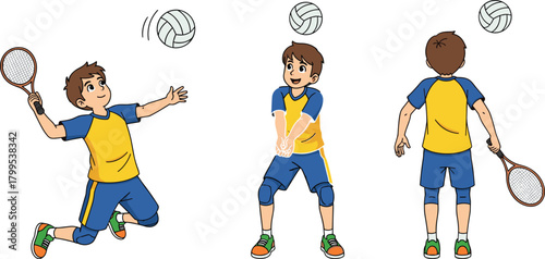Cartoon boy playing volleyball and tennis with white background sports