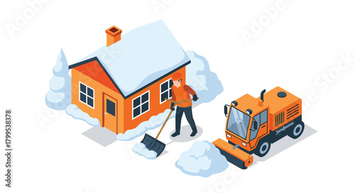 Professional snow removal service clearing driveway near cozy house with modern snowplow equipment during winter storm season for safety and access