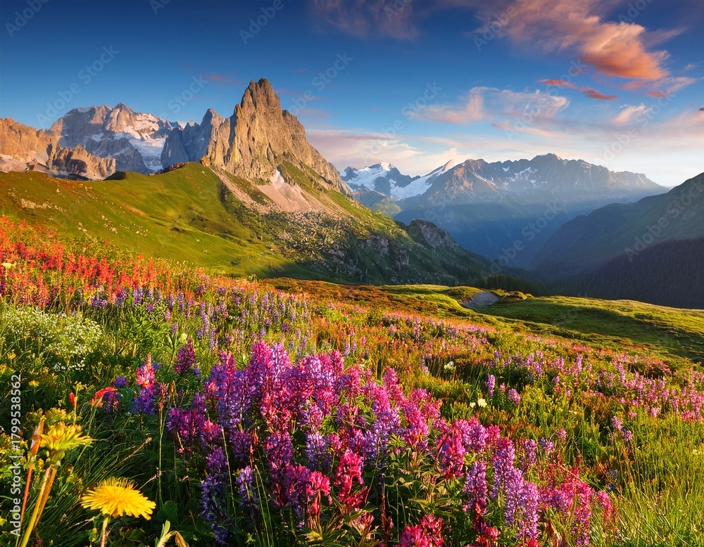 Fototapeta premium vibrant alpine landscape with colorful flowers and majestic mountains