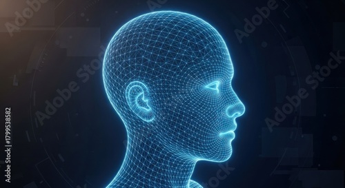 A glowing blue wireframe human head with a black background.