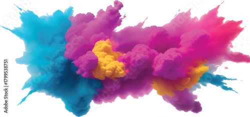 Modern Abstract Multicolor Powder Smoke Explosion with Pink Blue and Yellow Clouds Blending in Air Over Clean White Background Designed for High-Impact Creative Artwork Festival Themes