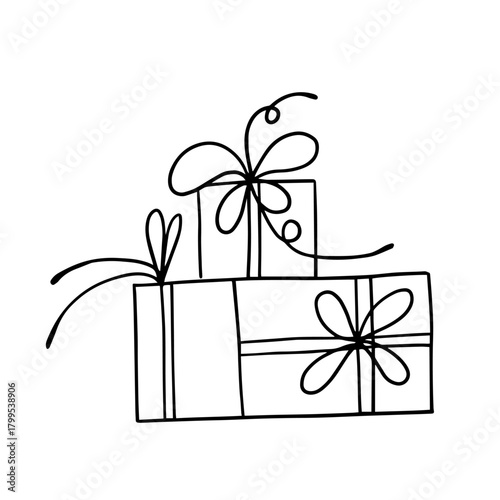 Simple, primitive doodles, gift box outlines, gifts. Vector graphics.