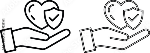 Hand holding a heart protected by a shield with a checkmark icon. Health Insurance and Life Protection Symbol.