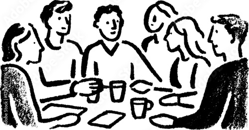 Group of creative people in a meeting set. Simple black and white vector illustration showing discussion and collaboration at a table with beverages and notes.