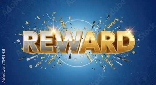 A blue and gold confetti explosion with the word 'REWARD' in the center.