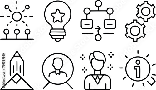 Business icons for idea, plan, teamwork, cogwheel, person, and info.