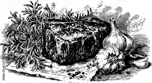 Vintage illustration of steak, garlic, and rosemary in a detailed line drawing. Antique food graphic for kitchen or menu vector set.