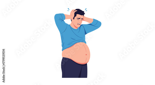 Worried man with hands on head and a large belly needs fitness help, feeling stressed about weight gain and health concerns in isolation