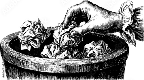 Hand picking waste from a pot. Traditional style vector illustration focusing on recycling and waste management concepts in a simple design.