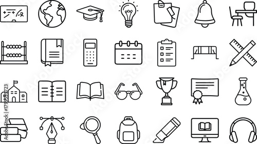 Bundle of Education and School Line Art Icons: Academic Subjects, Tools, Supplies, and Learning Symbols on a White Background
